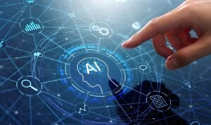 Mano señalando una pantalla azul con íconos de tareas vinculados al trabajo de la inteligencia artificial