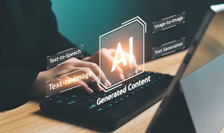 Manos tecleando frente a monitor y representación virtual de inteligencia artificial generando contenido