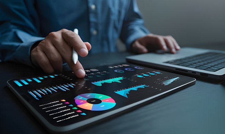 Persona manipulando laptop y tableta electrónica con gráficas coloridas