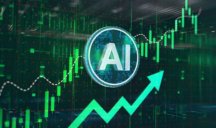 Representación virtual de inteligencia artificial con flecha y gráficas de barras ascendentes