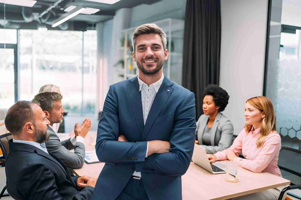 Líder sonriente frente a su equipo de trabajo en la oficina