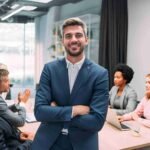 Líder sonriente frente a su equipo de trabajo en la oficina