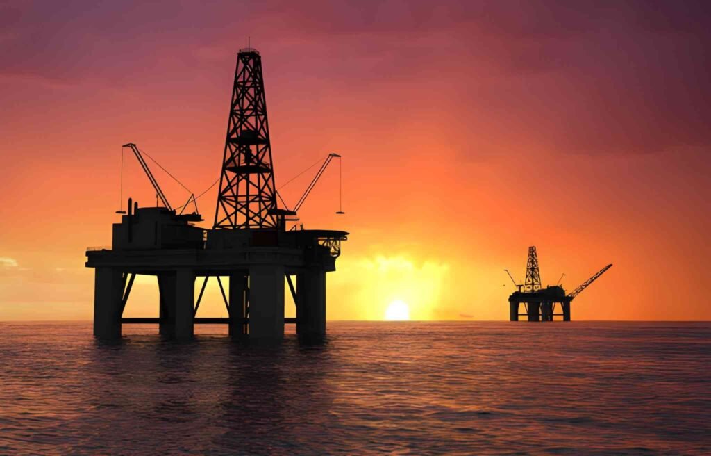 Plataformas petroleras sobre el mar al atardecer - Aranceles del 500 %

