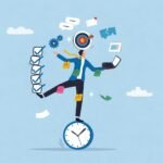 Caricatura corporativa de persona malabareando numerosas tareas y pendientes sobre un reloj