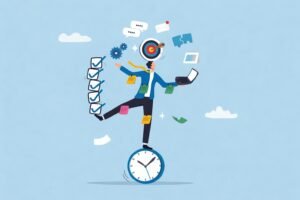 Caricatura corporativa de persona malabareando numerosas tareas y pendientes sobre un reloj