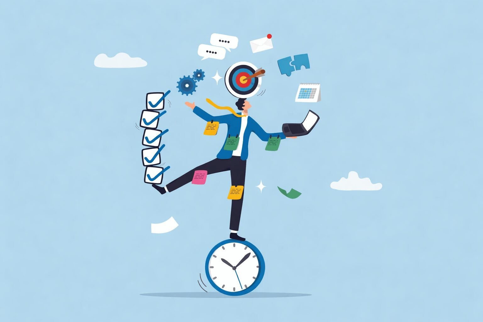 Caricatura corporativa de persona malabareando numerosas tareas y pendientes sobre un reloj