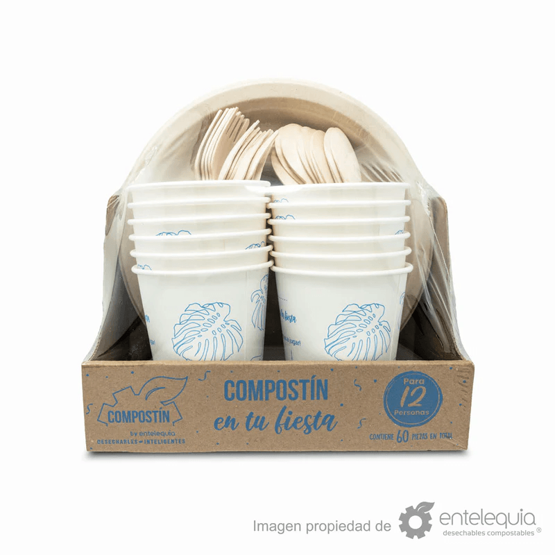 Vasos, cubiertos y platos empaquetados de Kit Compostín en tu fiesta de