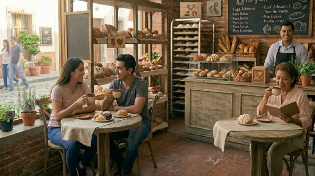 panadería artesanal mexicana con clientes sonrientes, un ejemplo de pymes en México que prosperan