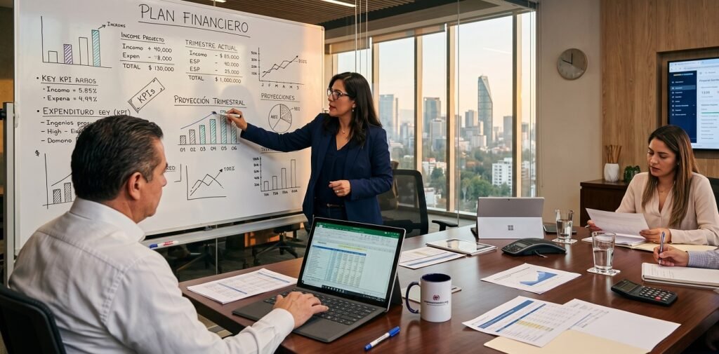 Una gerente de negocios presenta un presupuesto financiero detallado en una pizarra blanca en una sala de conferencias para su equipo de startup
